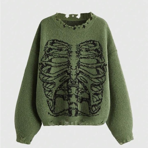 Green Skeleton ribcage distressed Knit Sweater - Picture 1 of 6